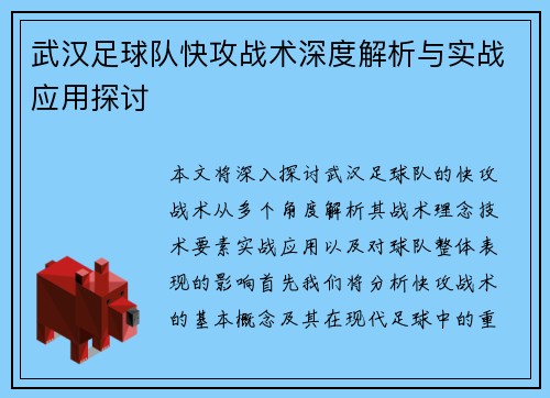 武汉足球队快攻战术深度解析与实战应用探讨